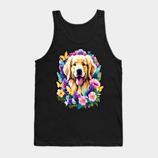 Cute Golden Retriever Surrounded by Beautiful Flowers Tank Top